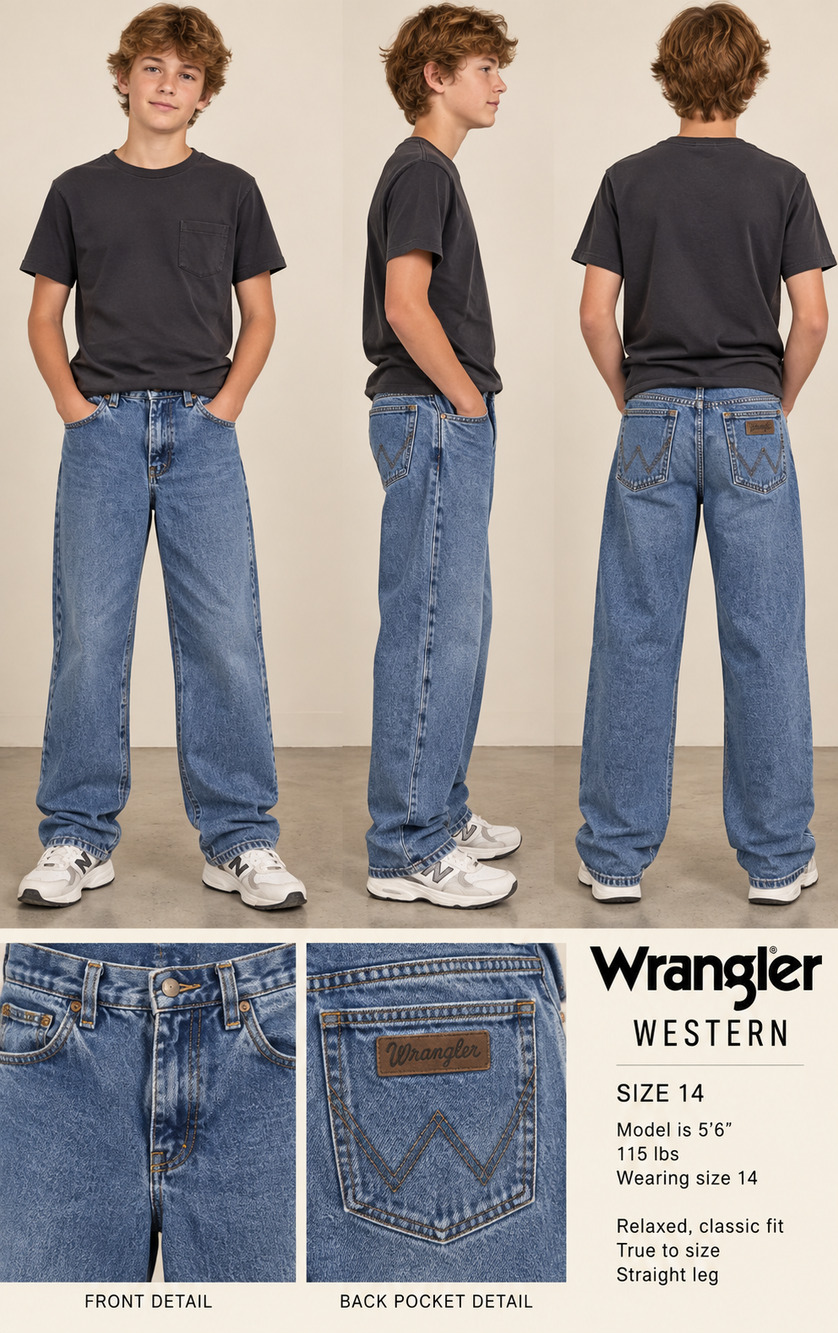 Wrangler Western Boys 14 Blue Jeans Straight Leg Classic Fit Denim rodeo EUC #